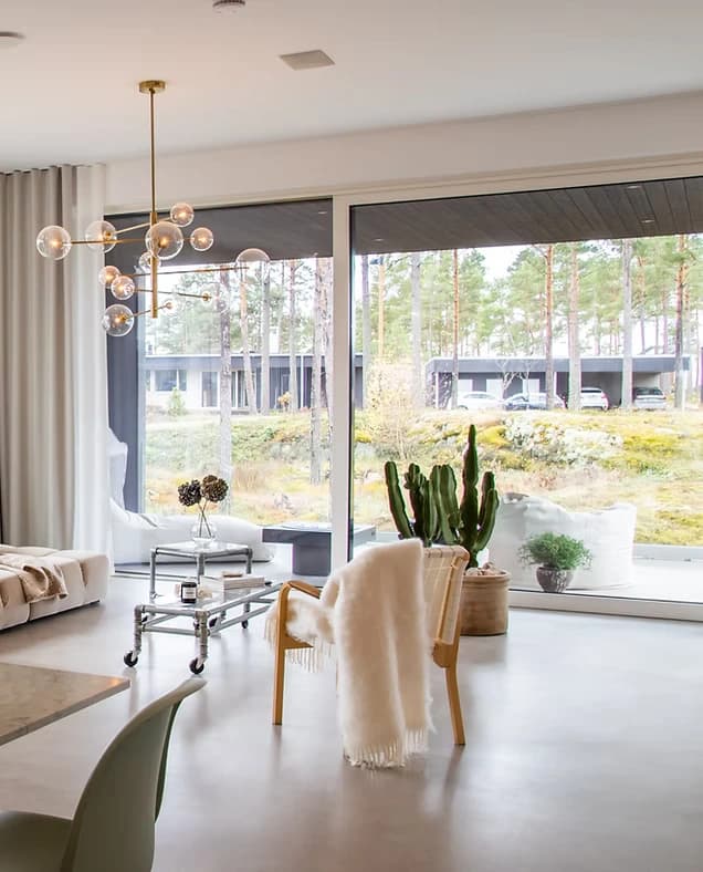 Modern living room with large windows, a cactus plant, and minimalist decor.