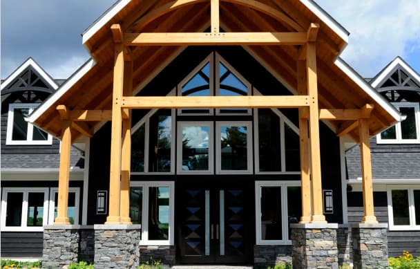 Architectural render of a timber frame cottage with windows